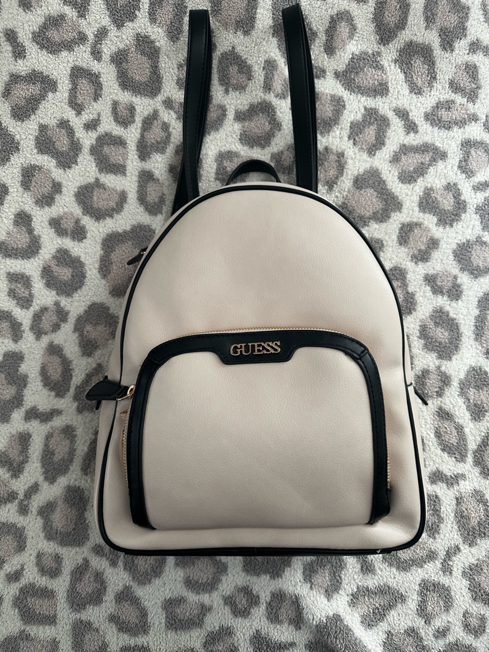 GUESS Cream and Black Faux Leather Backpack With Gold Logo